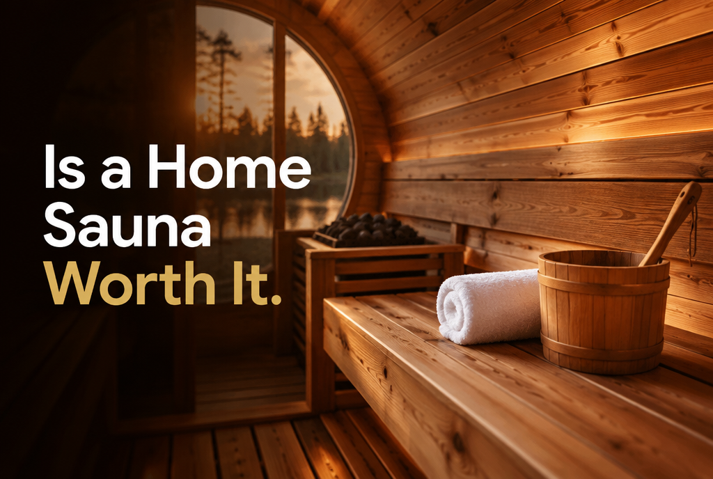Inviting cedar barrel sauna interior with a rolled towel and wooden bucket, illustrating whether a home sauna is worth it