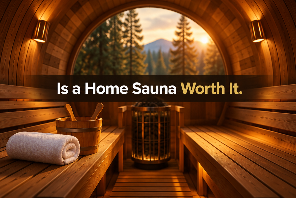 Inviting cedar barrel sauna interior with a rolled towel and wooden bucket, illustrating whether a home sauna is worth it