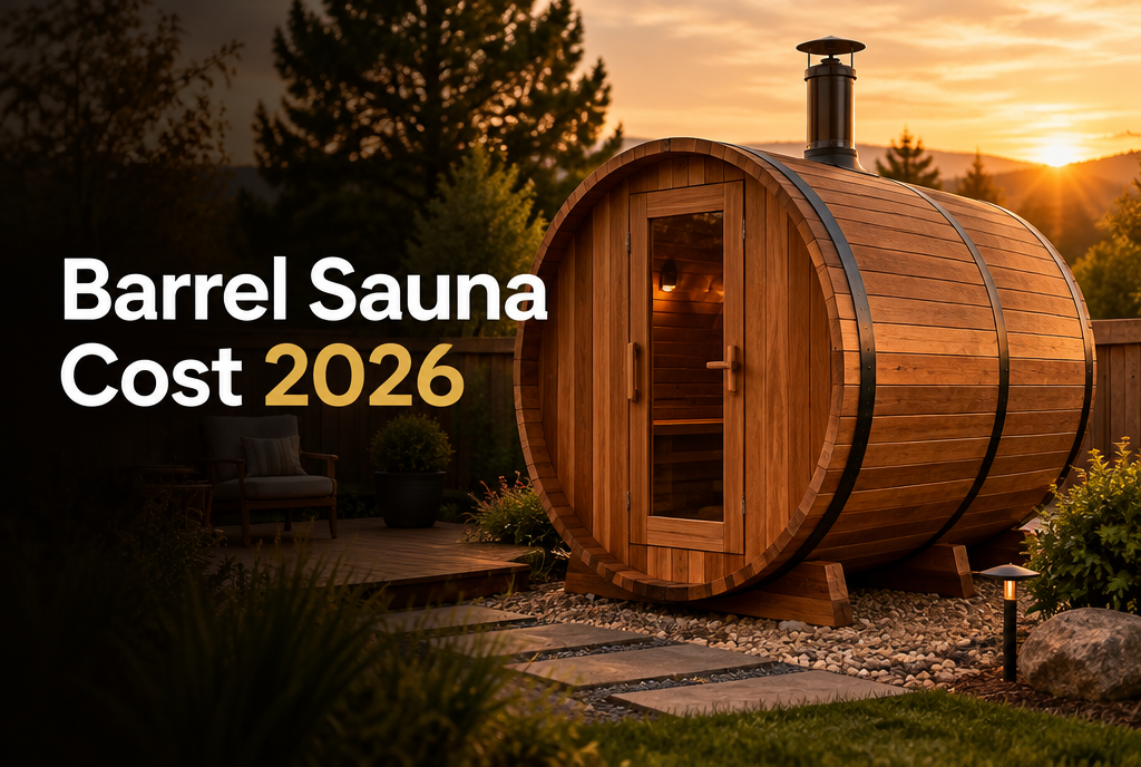 Outdoor cedar barrel sauna in a backyard at sunset, illustrating barrel sauna cost in 2026