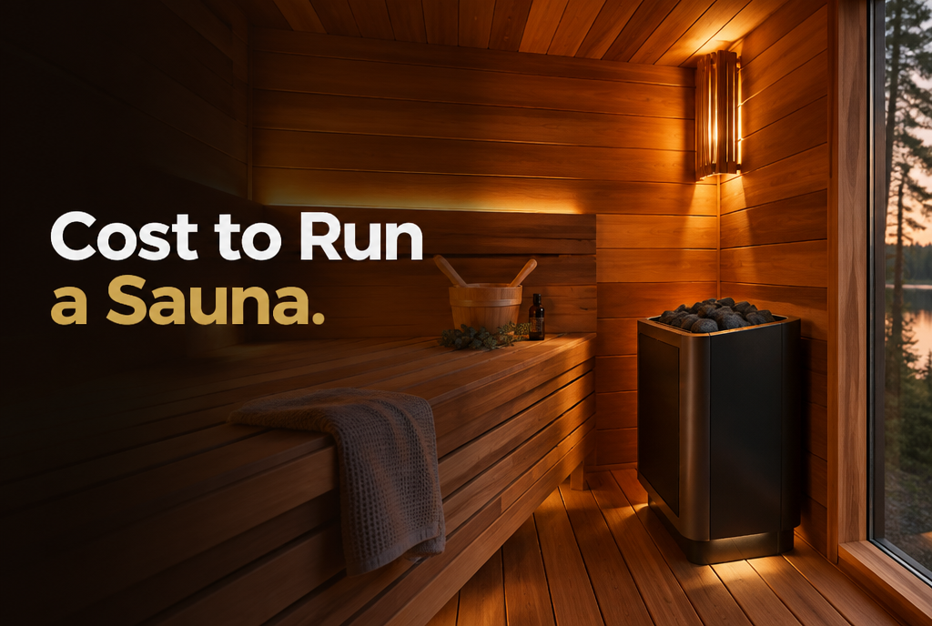 Cedar sauna interior with a modern electric heater and lake view, illustrating how much it costs to run a sauna