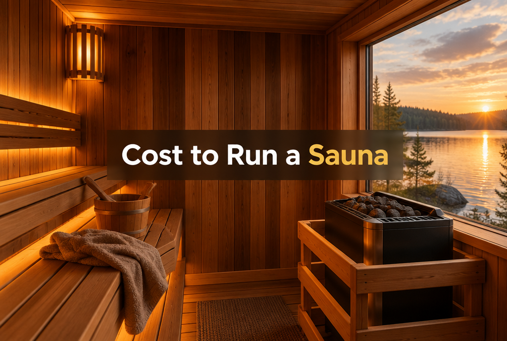 Cedar sauna interior with a modern electric heater and lake view, illustrating how much it costs to run a sauna
