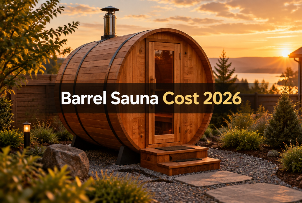 Outdoor cedar barrel sauna in a backyard at sunset, illustrating barrel sauna cost in 2026