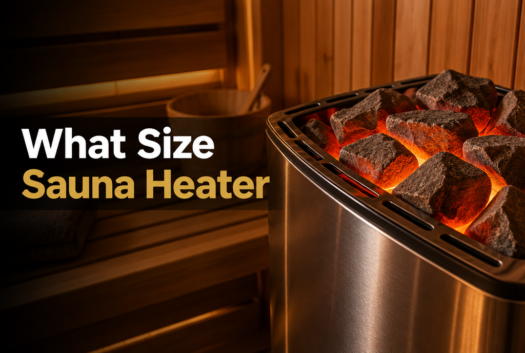 Stainless steel electric sauna heater with glowing rocks in a cedar sauna, for choosing what size sauna heater you need