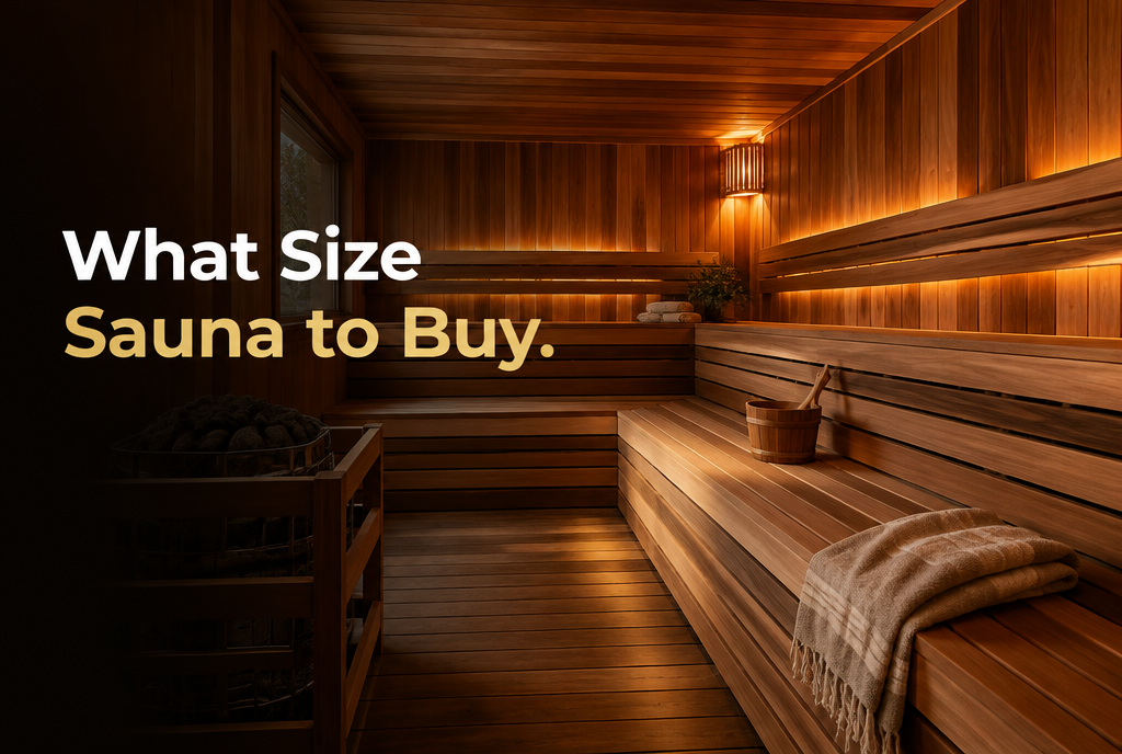 Spacious cedar cabin sauna with tiered benches, for choosing what size sauna to buy for 2, 4, or 6 people