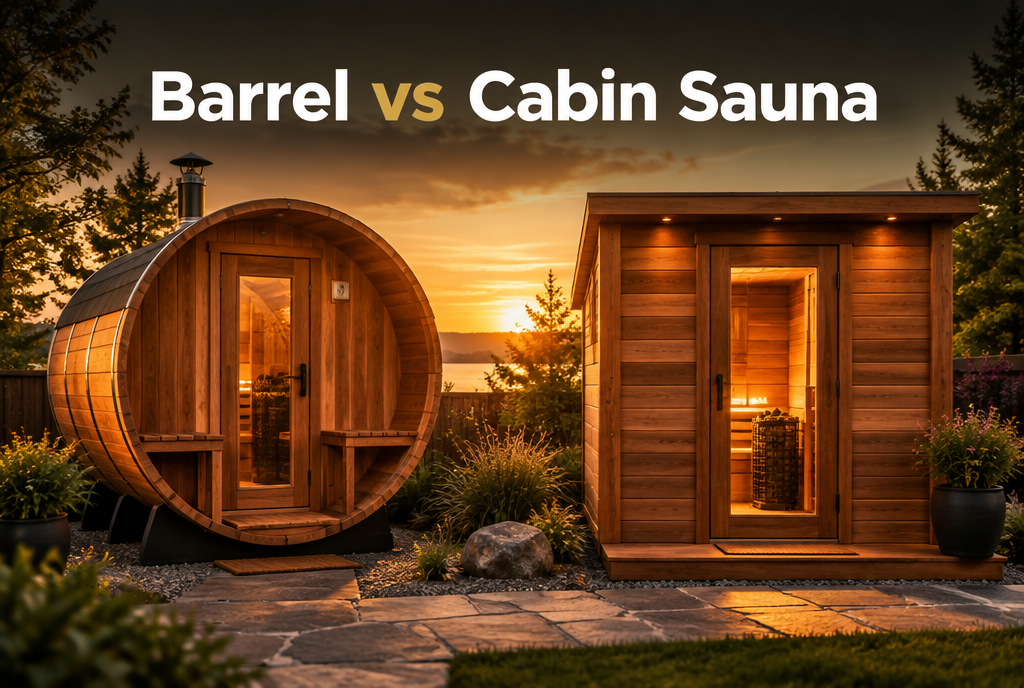 A cedar barrel sauna and a cabin sauna side by side in a backyard at sunset, comparing barrel versus cabin sauna