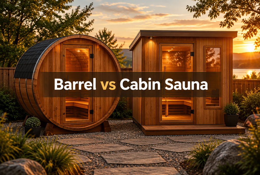 A cedar barrel sauna and a cabin sauna side by side in a backyard at sunset, comparing barrel versus cabin sauna