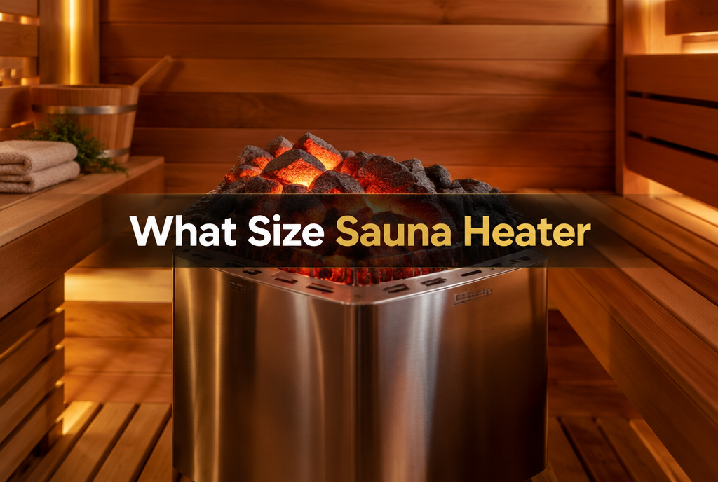 Stainless steel electric sauna heater with glowing rocks in a cedar sauna, for choosing what size sauna heater you need