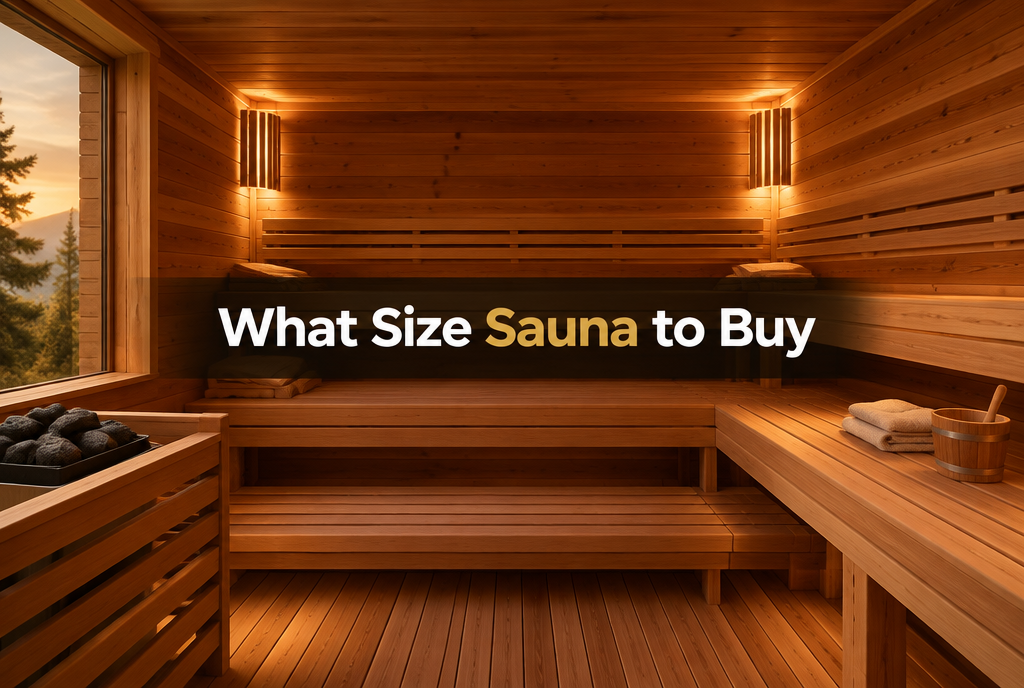 Spacious cedar cabin sauna with tiered benches, for choosing what size sauna to buy for 2, 4, or 6 people