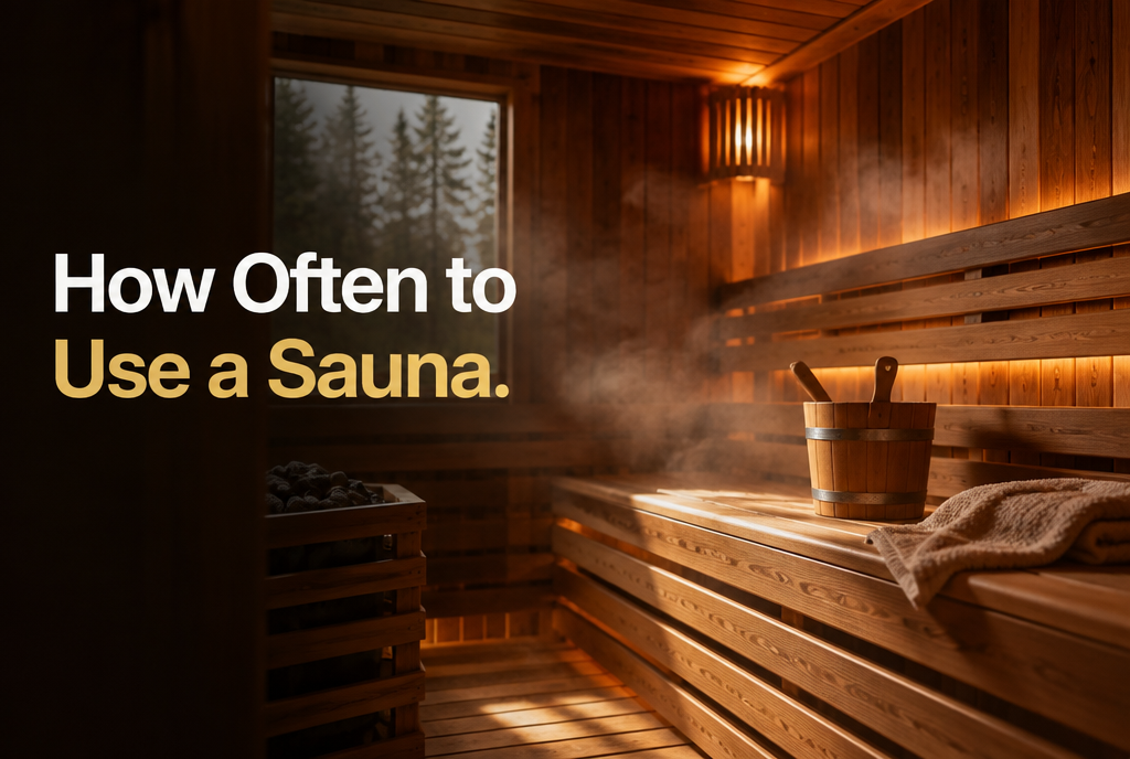 Steamy cedar sauna interior with a bucket and forest view, illustrating how often to use a sauna