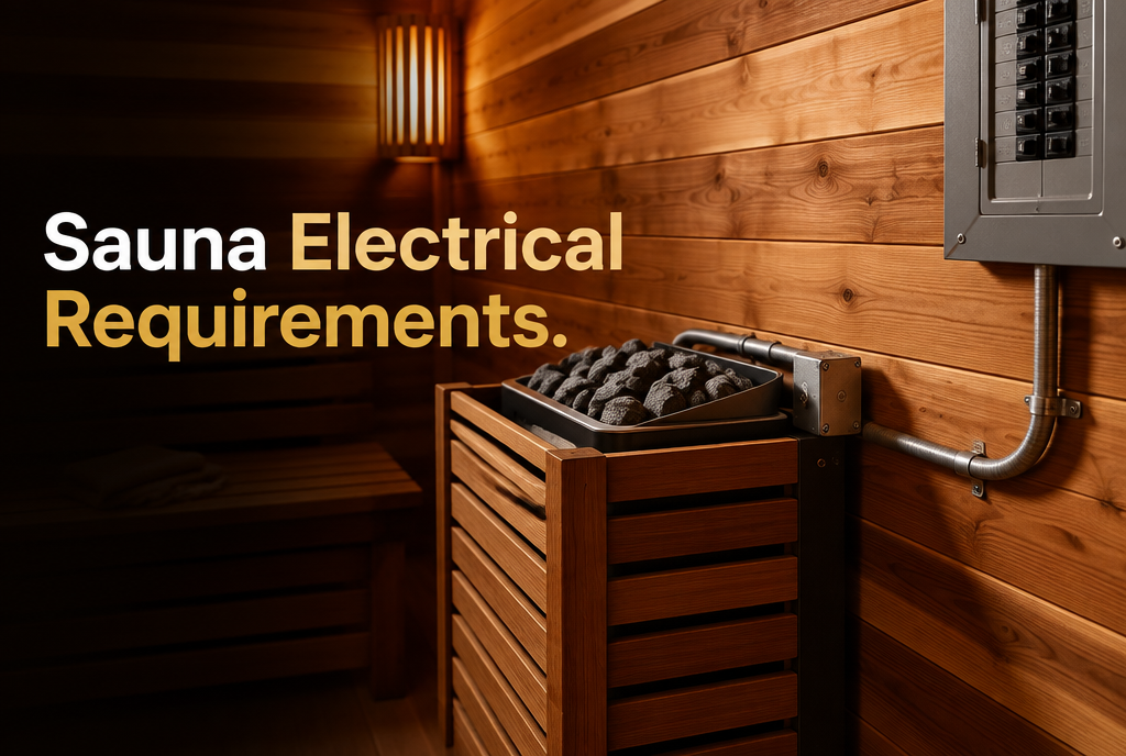 Cedar sauna heater with electrical conduit and a breaker panel, illustrating sauna electrical requirements