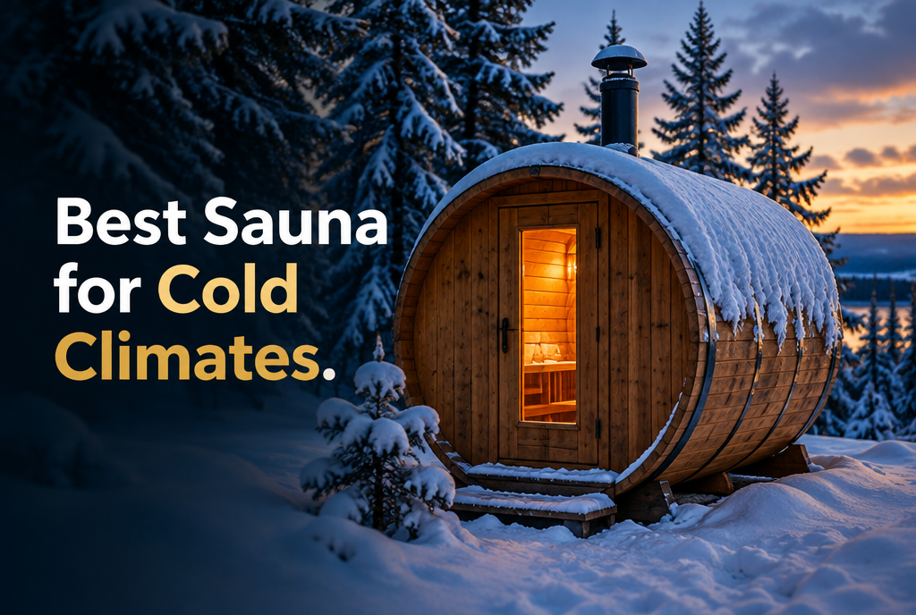 Cedar barrel sauna glowing warmly in the snow at winter dusk, the best outdoor sauna for cold climates