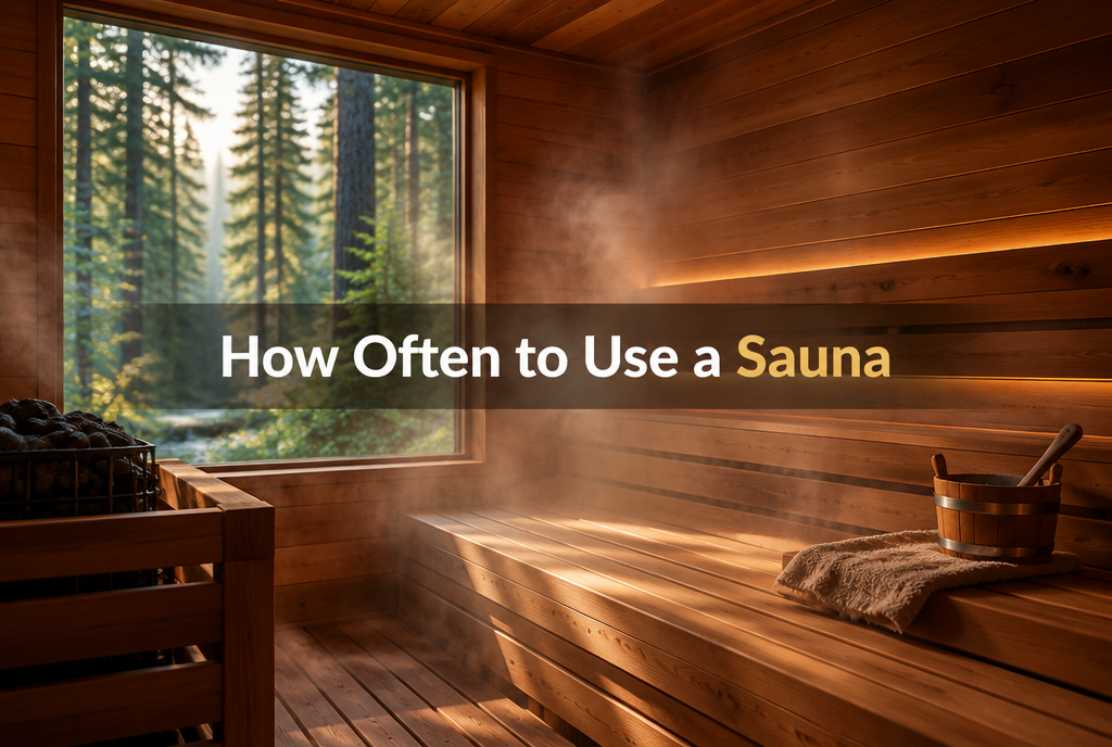 Steamy cedar sauna interior with a bucket and forest view, illustrating how often to use a sauna