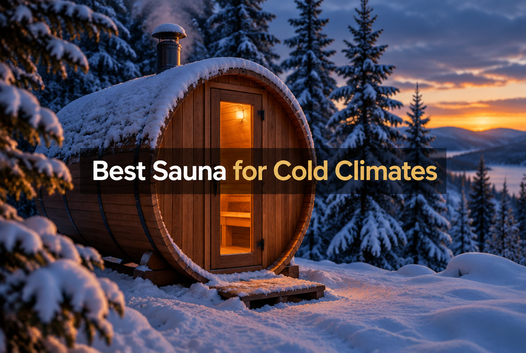 Cedar barrel sauna glowing warmly in the snow at winter dusk, the best outdoor sauna for cold climates