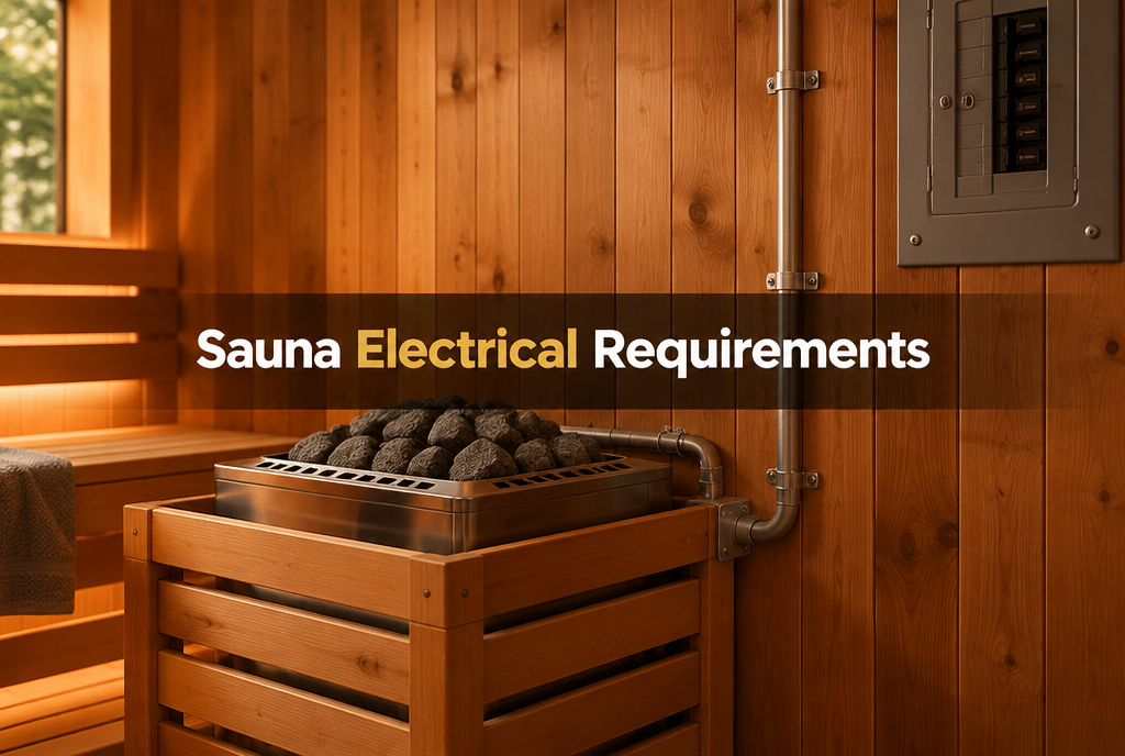 Cedar sauna heater with electrical conduit and a breaker panel, illustrating sauna electrical requirements