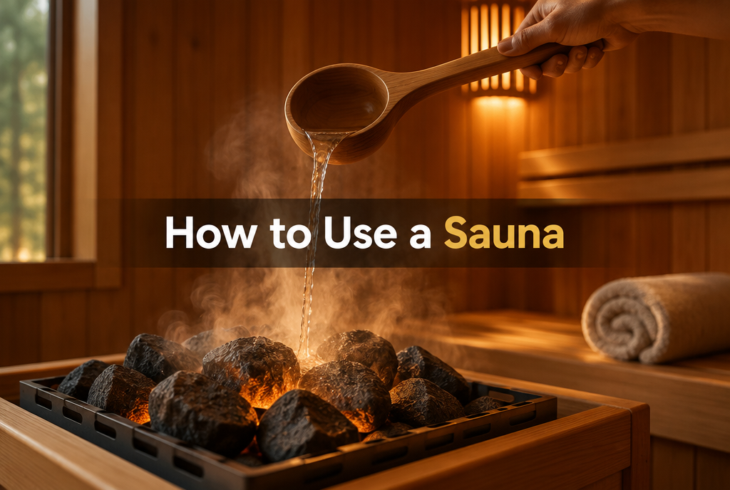 Cedar sauna interior with a wooden ladle pouring water onto glowing hot rocks to make steam, illustrating how to use a sauna