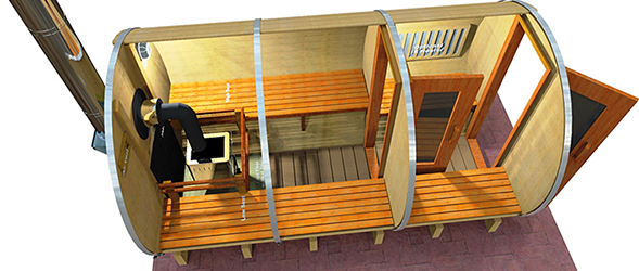 12ft Sauna with wood heater part staves removed inside view