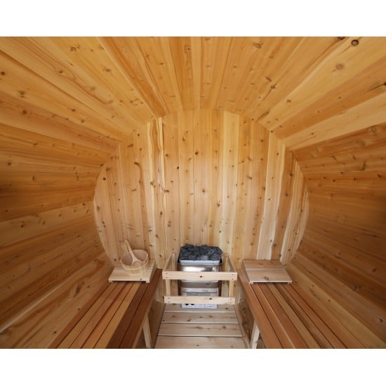 6' Red Cedar Barrel Sauna With 2' Porch – Electric Heater – Natural Cedar