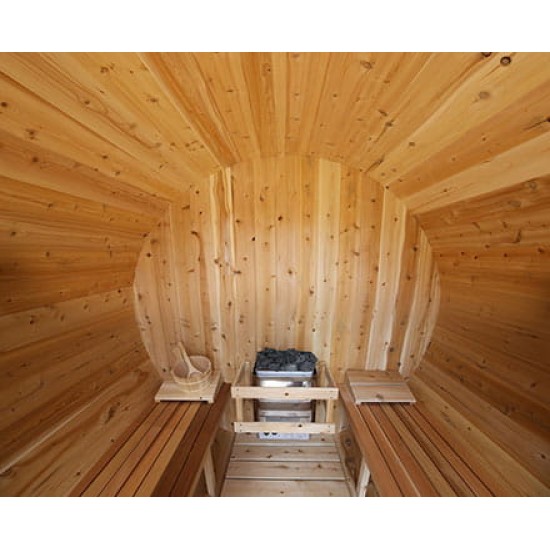 8' Red Cedar Barrel Sauna With 2' Porch – Electric Heater – Natural Cedar