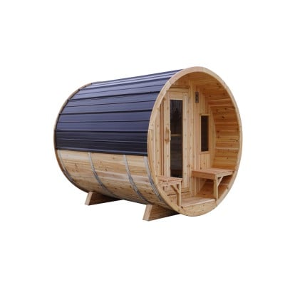 6' Red Cedar Barrel Sauna With 2' Porch – Electric Heater – Natural Cedar