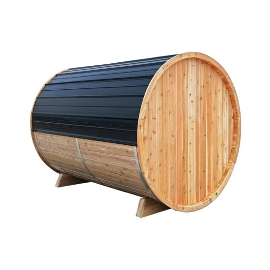 6' Red Cedar Barrel Sauna With 2' Porch – Electric Heater – Natural Cedar