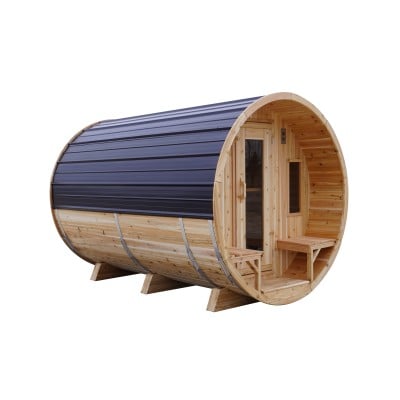 8' Red Cedar Barrel Sauna With 2' Porch – Electric Heater – Natural Cedar