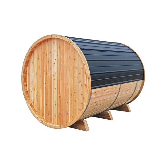 8' Red Cedar Barrel Sauna With 2' Porch – Electric Heater – Natural Cedar