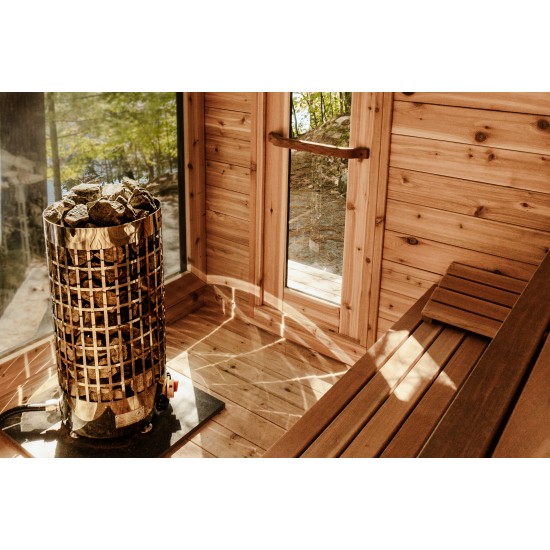 8' Red Cedar Modern Panoramic Sauna Cabin With 2' Porch – Electric Heater – Natural Cedar