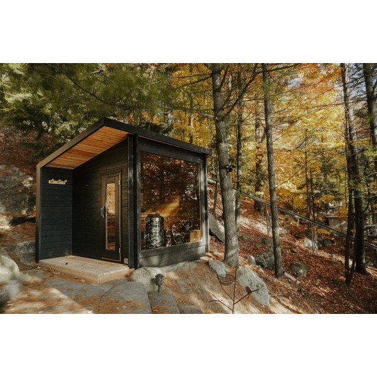 8' Red Cedar Modern Panoramic Sauna Cabin With 2' Porch – Electric Heater – Natural Cedar