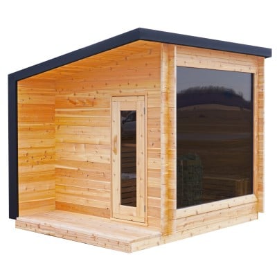 8' Red Cedar Modern Panoramic Sauna Cabin With 2' Porch – Electric Heater – Natural Cedar