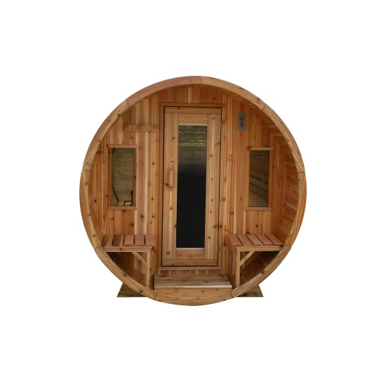 8' Red Cedar Panoramic Barrel Sauna With 2' Porch – Electric Heater – Natural Cedar