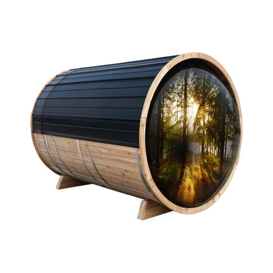 6' Red Cedar Panoramic Barrel Sauna With 2' Porch – Electric Heater – Natural Cedar