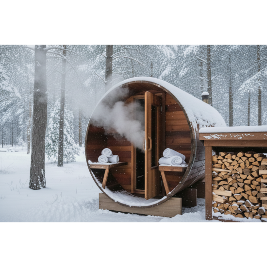 10 foot x 7 foot Knotty Cedar Barrel Sauna with Porch (Electric Heater)