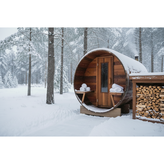 10 foot x 7 foot Knotty Cedar Barrel Sauna with Porch (Electric Heater)