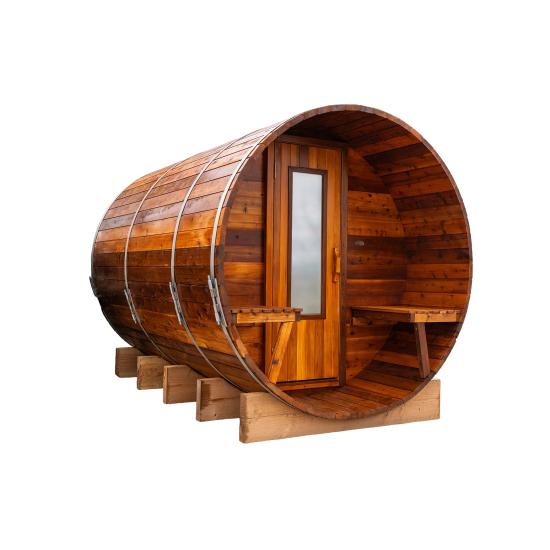 10 foot x 7 foot Knotty Cedar Barrel Sauna with Porch (Electric Heater)