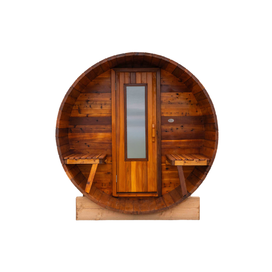10 foot x 7 foot Knotty Cedar Barrel Sauna with Porch (Electric Heater)