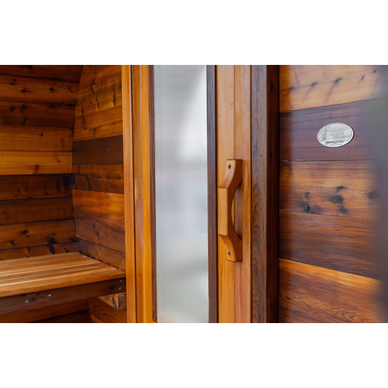 10 foot x 7 foot Knotty Cedar Barrel Sauna with Porch (Electric Heater)