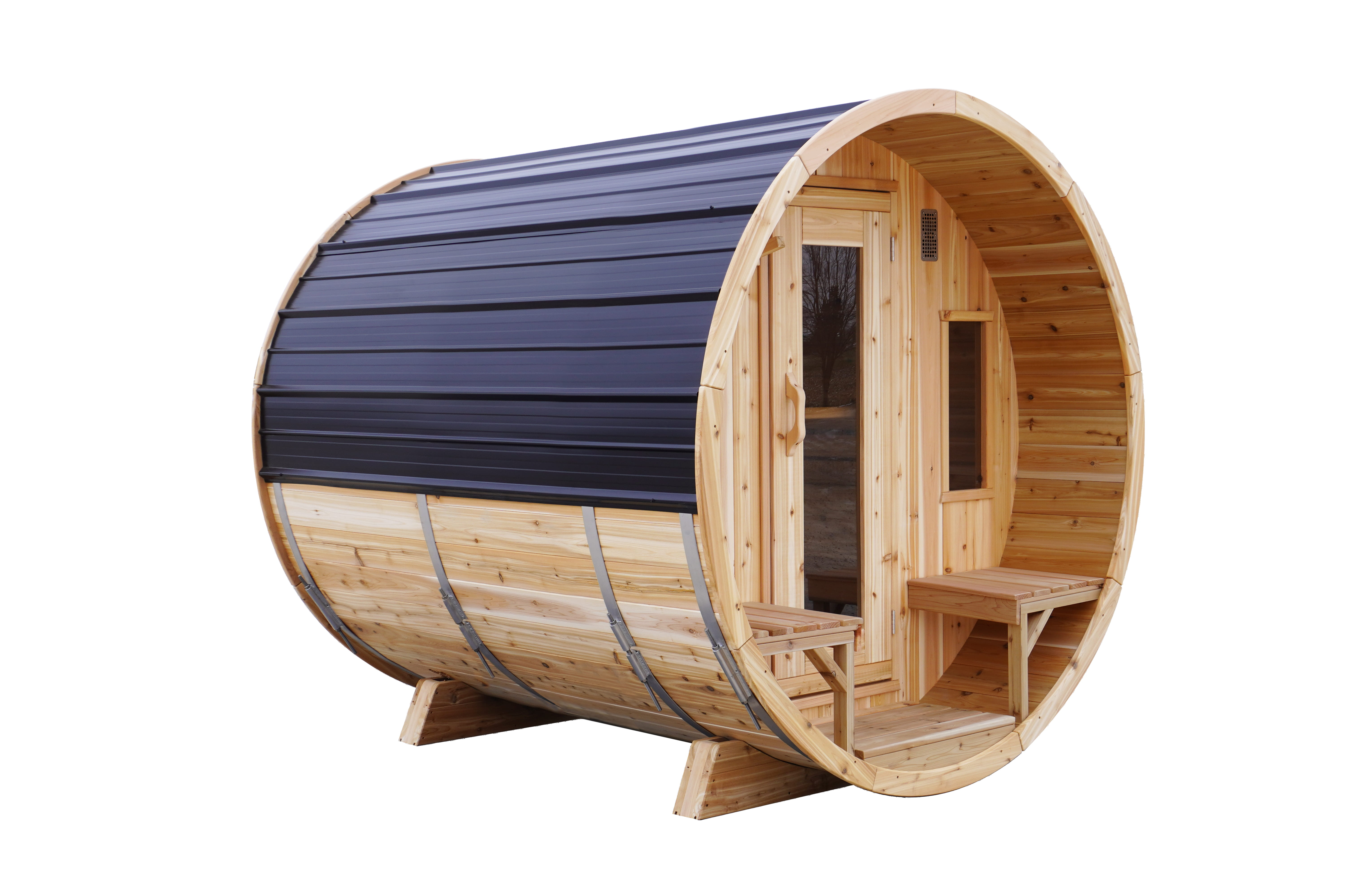 6' Red Cedar Panoramic Barrel Sauna With 2' Porch