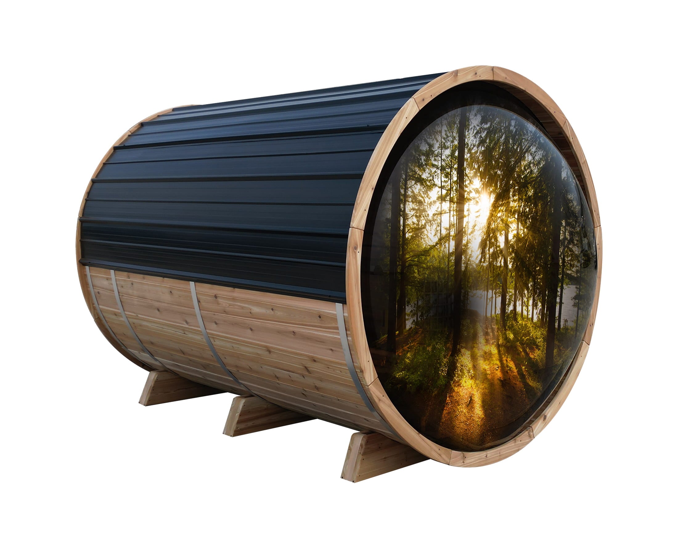 8' Red Cedar Panoramic Barrel Sauna With 2' Porch