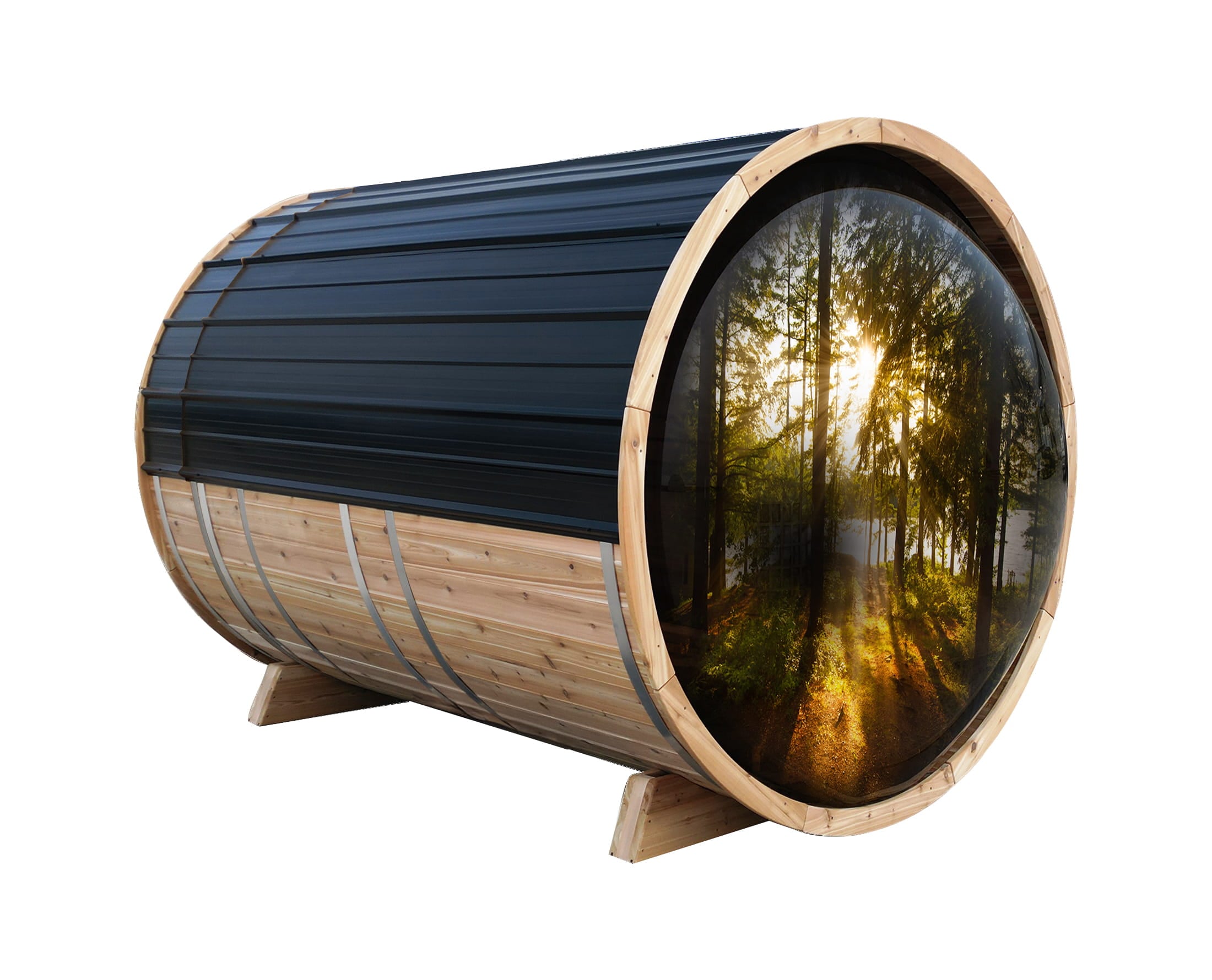 6' Red Cedar Panoramic Barrel Sauna With 2' Porch