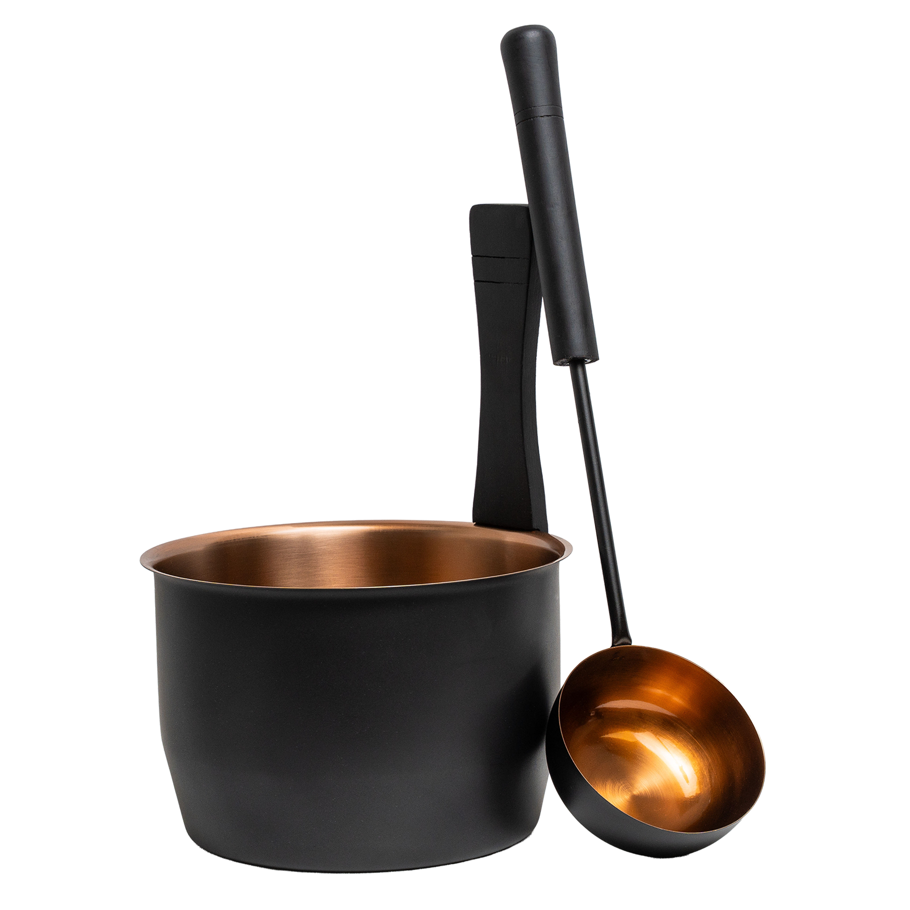 Saunia Sauna Set with black bucket and copper interior, and matching ladle